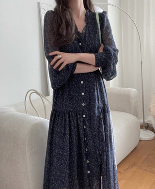 Fairy core floral V-neck slimming drape dress