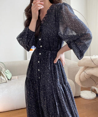 Fairy core floral V-neck slimming drape dress