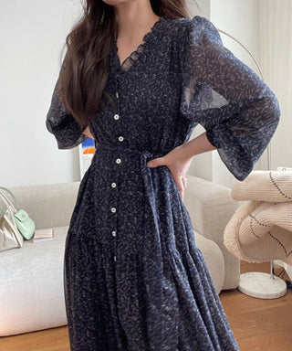 Fairy core floral V-neck slimming drape dress