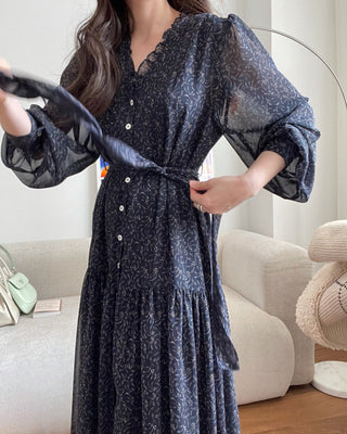 Fairy core floral V-neck slimming drape dress