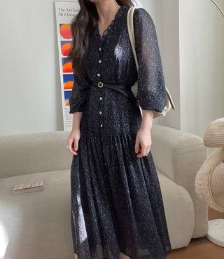 Fairy core floral V-neck slimming drape dress