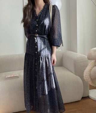 Fairy core floral V-neck slimming drape dress