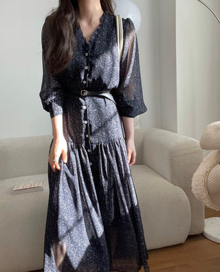 Fairy core floral V-neck slimming drape dress