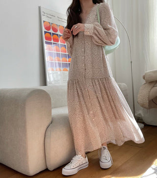 Fairy core floral V-neck slimming drape dress