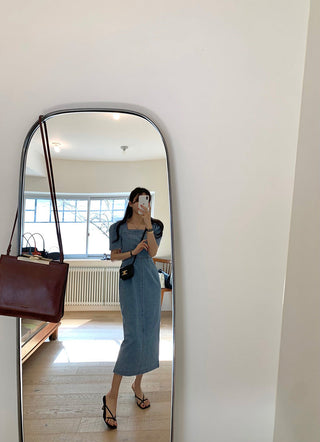 Square Collar Bubble Short Sleeve Denim Dress