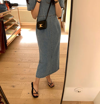 Square Collar Bubble Short Sleeve Denim Dress