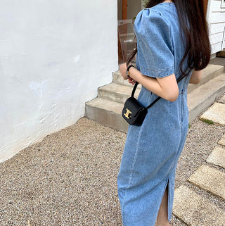 Square Collar Bubble Short Sleeve Denim Dress