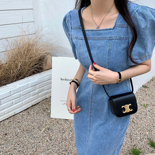 Square Collar Bubble Short Sleeve Denim Dress
