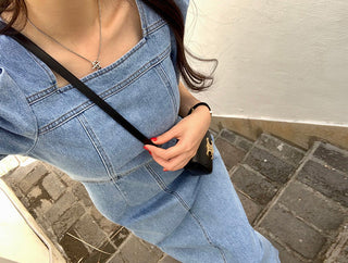 Square Collar Bubble Short Sleeve Denim Dress