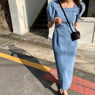 Square Collar Bubble Short Sleeve Denim Dress