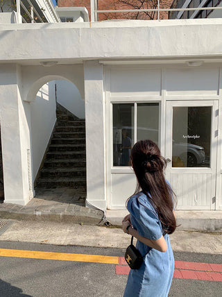 Square Collar Bubble Short Sleeve Denim Dress