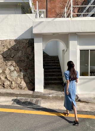 Square Collar Bubble Short Sleeve Denim Dress