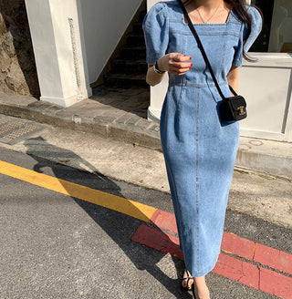 Square Collar Bubble Short Sleeve Denim Dress