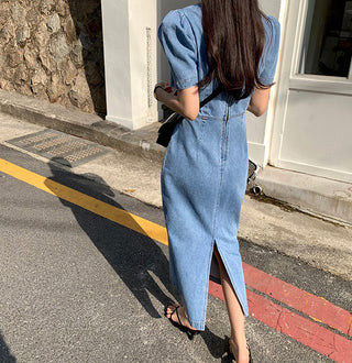 Square Collar Bubble Short Sleeve Denim Dress