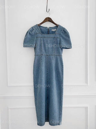 Square Collar Bubble Short Sleeve Denim Dress