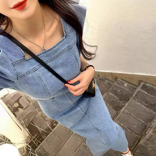 Square Collar Bubble Short Sleeve Denim Dress
