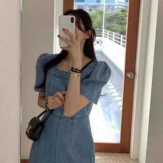 Square Collar Bubble Short Sleeve Denim Dress
