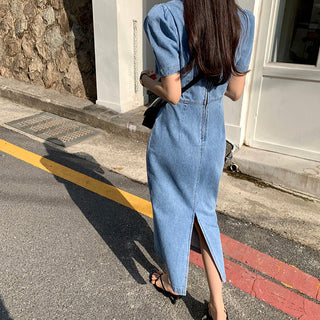 Square Collar Bubble Short Sleeve Denim Dress
