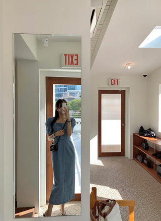 Square Collar Bubble Short Sleeve Denim Dress