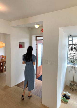 Square Collar Bubble Short Sleeve Denim Dress