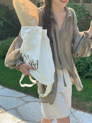 V-neck Ribbon design bubble sleeve shirt