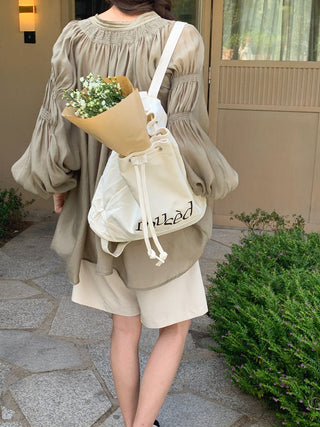 V-neck Ribbon design bubble sleeve shirt