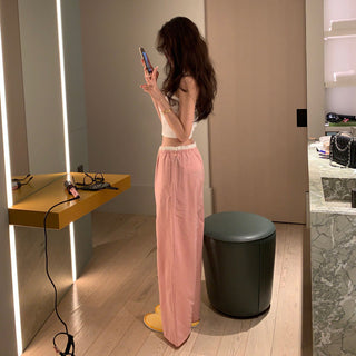 Retro stitching drawstring wide-leg pants