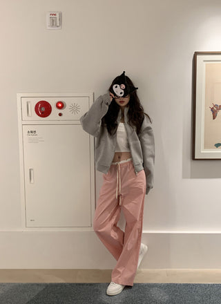 Retro stitching drawstring wide-leg pants