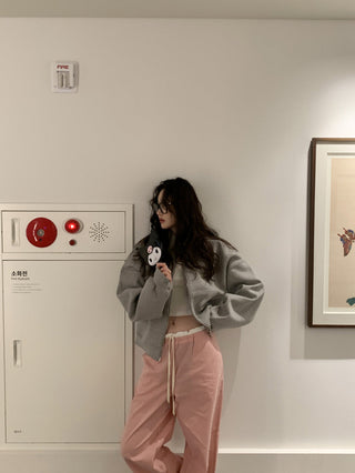 Retro stitching drawstring wide-leg pants