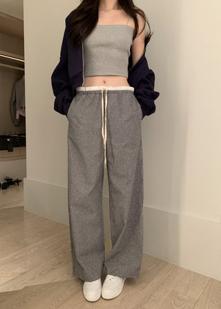 Retro stitching drawstring wide-leg pants