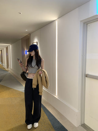 Retro stitching drawstring wide-leg pants