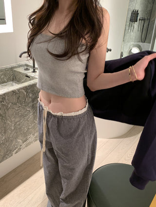 Retro stitching drawstring wide-leg pants