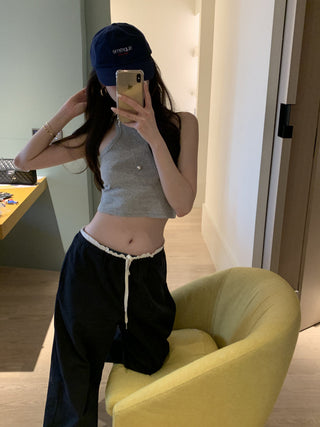 Retro stitching drawstring wide-leg pants