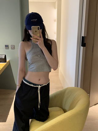 Retro stitching drawstring wide-leg pants