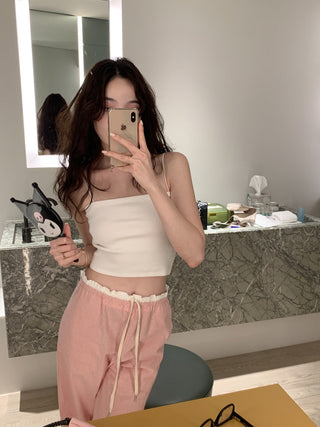 Retro stitching drawstring wide-leg pants