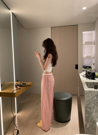 Retro stitching drawstring wide-leg pants