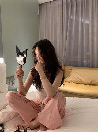 Retro stitching drawstring wide-leg pants