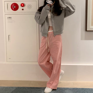 Retro stitching drawstring wide-leg pants