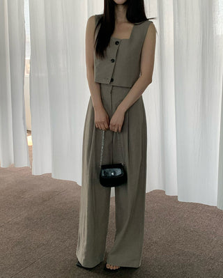 Square collar suit vest and wide leg pants set