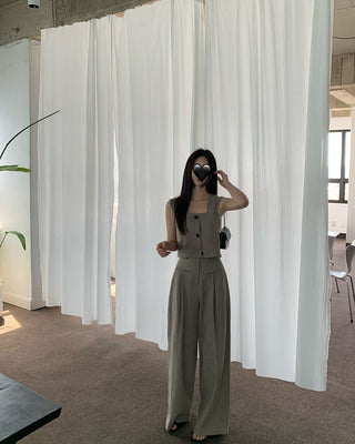 Square collar suit vest and wide leg pants set