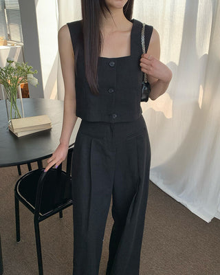 Square collar suit vest and wide leg pants set