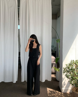 Square collar suit vest and wide leg pants set