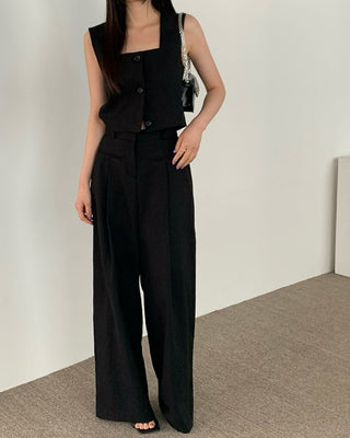 Square collar suit vest and wide leg pants set