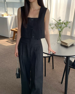 Square collar suit vest and wide leg pants set