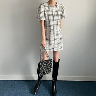 Plaid short sleeve woolen dress