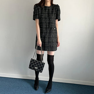 Plaid short sleeve woolen dress