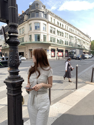 Lace-up round neck short sleeve top