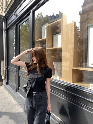 Lace-up round neck short sleeve top