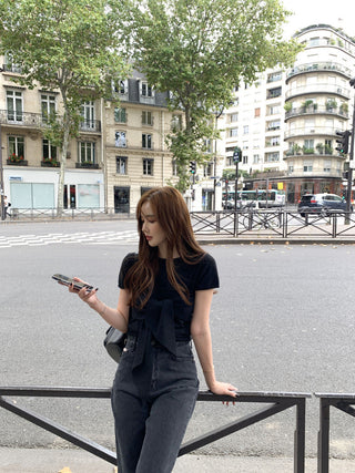 Lace-up round neck short sleeve top