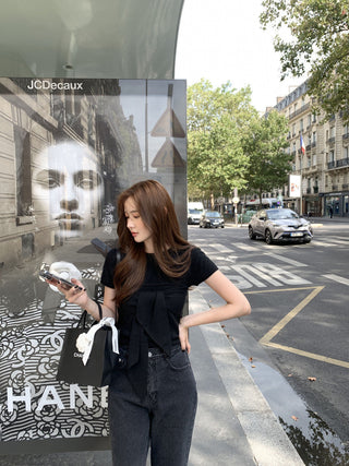 Lace-up round neck short sleeve top